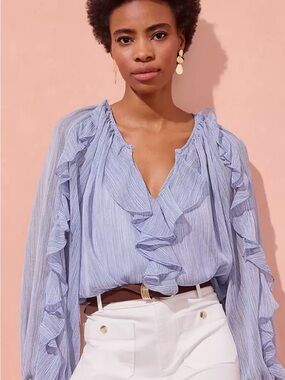 LOFT Striped Chiffon Ruffle Tie Cuff Blouse